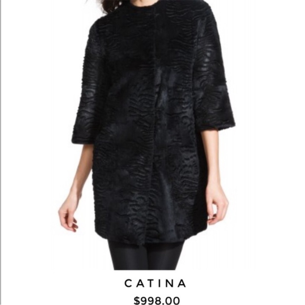 Dawn Levy‎ Catina Coat Rabbit Fur Black Textured Small EUC